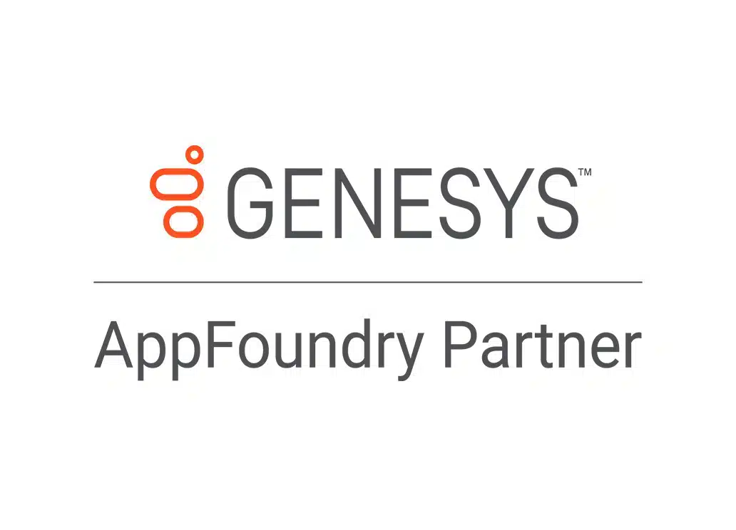 Logo reading "GENESYS AppFoundry Partner." Features a stylized red icon resembling connected circles above a horizontal line. Clean and professional design.