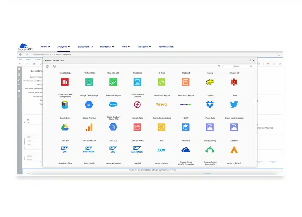 A software dashboard displaying a pop-up titled 'Connect to Your Data' with icons for various data sources like Google Drive, Dropbox, and SAP, set against a detailed interface background. The tone is professional, emphasizing data integration and accessibility.