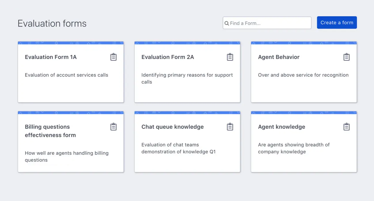 A grid of six evaluation forms is displayed on a webpage, each summarized by title and description. A search bar and "Create a form" button are at the top.