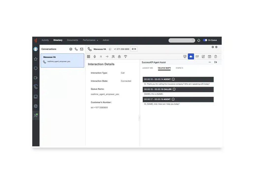 Screen showing a call interface with "Interaction Details" and a call transcript. Includes call type, state, and customer number. Professional tone.