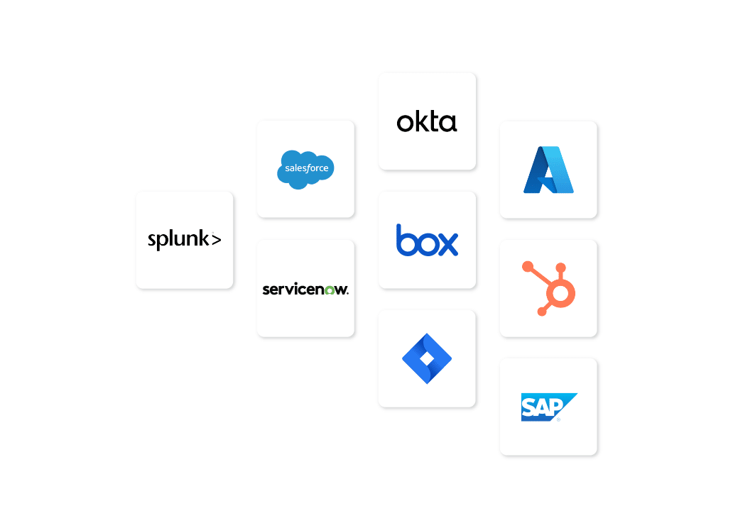 Logos of tech companies including Splunk, Salesforce, ServiceNow, Okta, Azure, Box, HubSpot, Jira, and SAP arranged in a grid on a white background.