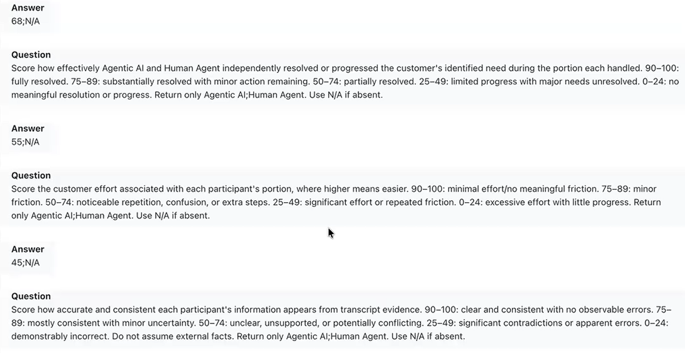 SuccessKPI automated scoring output: scored questions for resolution, customer effort and accuracy, each with a defined 0 to 100 scale, returning separate answers for the agentic AI and the human agent.