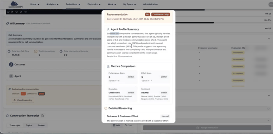 AI call summary with evaluation recommendation and confidence, agent profile summary, metrics comparison and detailed reasoning