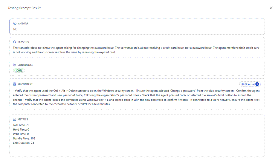 SuccessKPI Testing Prompt Result showing the AI's answer, written reasons, a confidence score, knowledge base context and call metrics used for scoring