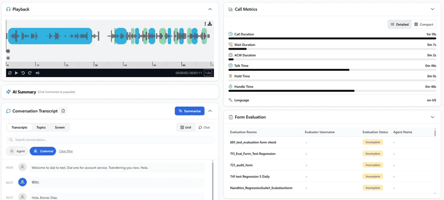 Smart Selections interaction view with audio playback, call metrics, AI summary, conversation transcript and form evaluation status
